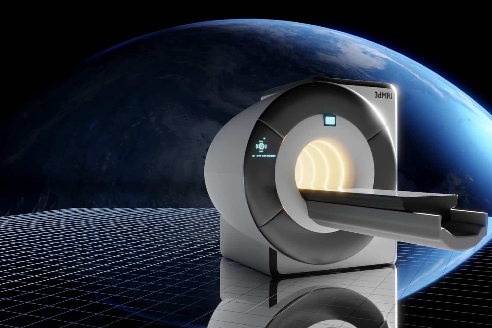 An image of an MRI machine set in the background of Earth.